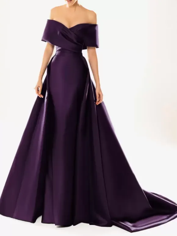 Evening Dress Ball Gown Designed Neckline With Train Half Sleeves Zipper Pleated Satin Fabric Formal Party Dresses