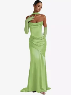 Evening Dress Ball Gown Designed Neckline Elastic Silk Like Satin With Train Pleated Formal Party Dresses