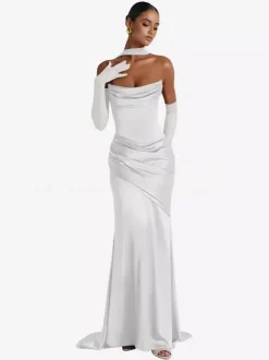 Evening Dress Ball Gown Designed Neckline Elastic Silk Like Satin With Train Pleated Formal Party Dresses