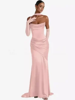 Evening Dress Ball Gown Designed Neckline Elastic Silk Like Satin With Train Pleated Formal Party Dresses
