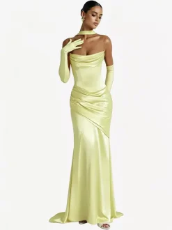 Evening Dress Ball Gown Designed Neckline Elastic Silk Like Satin With Train Pleated Formal Party Dresses