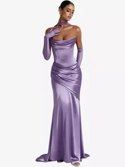 Evening Dress Ball Gown Designed Neckline Elastic Silk Like Satin With Train Pleated Formal Party Dresses