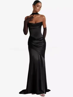 Evening Dress Ball Gown Designed Neckline Elastic Silk Like Satin With Train Pleated Formal Party Dresses