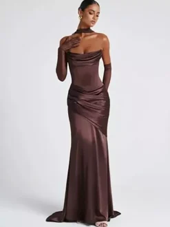 Evening Dress Ball Gown Designed Neckline Elastic Silk Like Satin With Train Pleated Formal Party Dresses