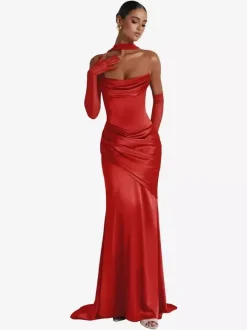 Evening Dress Ball Gown Designed Neckline Elastic Silk Like Satin With Train Pleated Formal Party Dresses