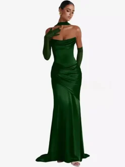 Evening Dress Ball Gown Designed Neckline Elastic Silk Like Satin With Train Pleated Formal Party Dresses