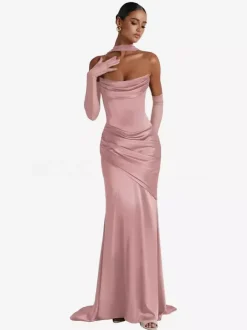 Evening Dress Ball Gown Designed Neckline Elastic Silk Like Satin With Train Pleated Formal Party Dresses