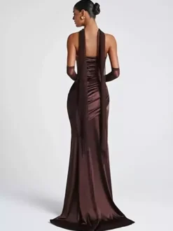 Evening Dress Ball Gown Designed Neckline Elastic Silk Like Satin With Train Pleated Formal Party Dresses