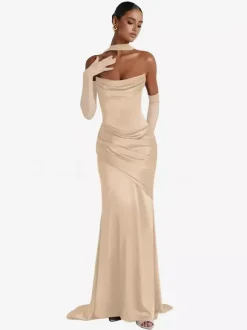 Evening Dress Ball Gown Designed Neckline Elastic Silk Like Satin With Train Pleated Formal Party Dresses