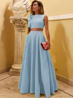Evening Dress Ball Gown Designed Neckline Floor-Length Sleeveless Zipper Bows Stretch Crepe Formal Party Dresses