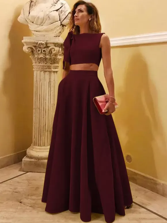 Evening Dress Ball Gown Designed Neckline Floor-Length Sleeveless Zipper Bows Stretch Crepe Formal Party Dresses