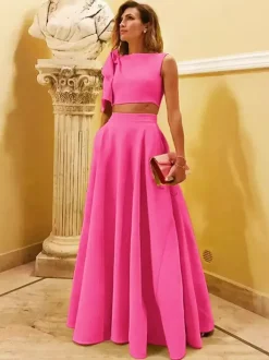 Evening Dress Ball Gown Designed Neckline Floor-Length Sleeveless Zipper Bows Stretch Crepe Formal Party Dresses
