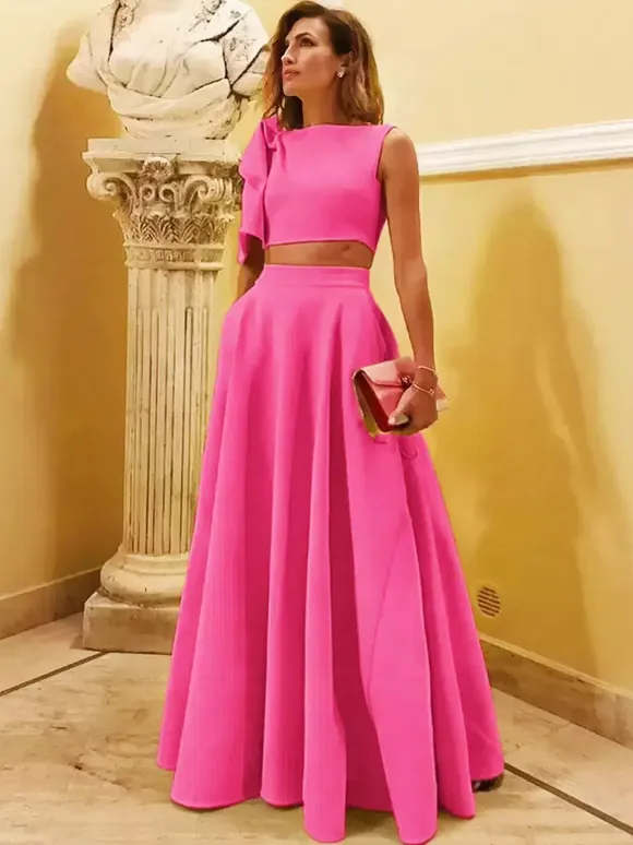Evening Dress Ball Gown Designed Neckline Floor-Length Sleeveless Zipper Bows Stretch Crepe Formal Party Dresses