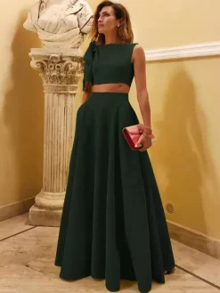 Evening Dress Ball Gown Designed Neckline Floor-Length Sleeveless Zipper Bows Stretch Crepe Formal Party Dresses