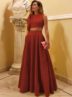 Evening Dress Ball Gown Designed Neckline Floor-Length Sleeveless Zipper Bows Stretch Crepe Formal Party Dresses