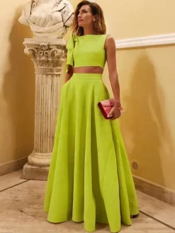 Evening Dress Ball Gown Designed Neckline Floor-Length Sleeveless Zipper Bows Stretch Crepe Formal Party Dresses