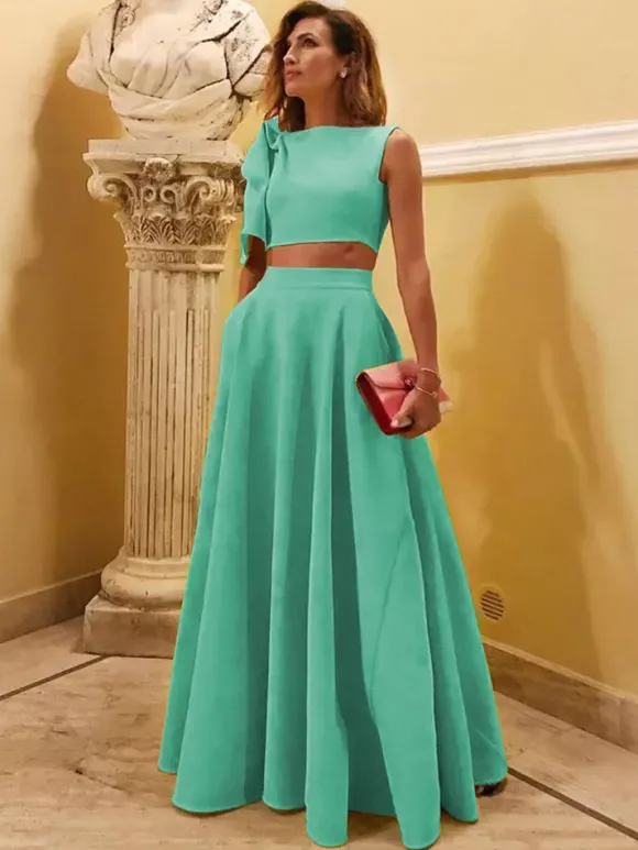 Evening Dress Ball Gown Designed Neckline Floor-Length Sleeveless Zipper Bows Stretch Crepe Formal Party Dresses