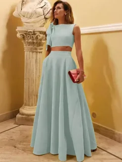 Evening Dress Ball Gown Designed Neckline Floor-Length Sleeveless Zipper Bows Stretch Crepe Formal Party Dresses
