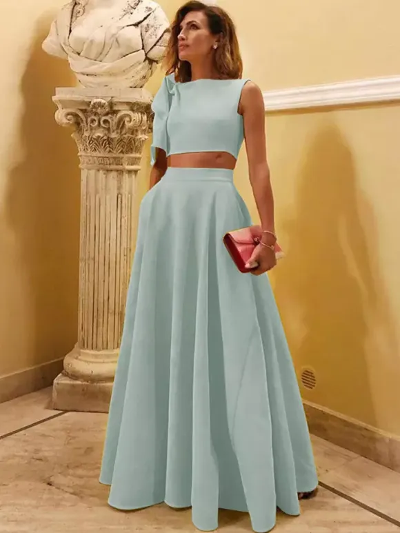 Evening Dress Ball Gown Designed Neckline Floor-Length Sleeveless Zipper Bows Stretch Crepe Formal Party Dresses