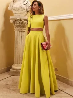 Evening Dress Ball Gown Designed Neckline Floor-Length Sleeveless Zipper Bows Stretch Crepe Formal Party Dresses