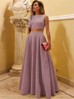Evening Dress Ball Gown Designed Neckline Floor-Length Sleeveless Zipper Bows Stretch Crepe Formal Party Dresses