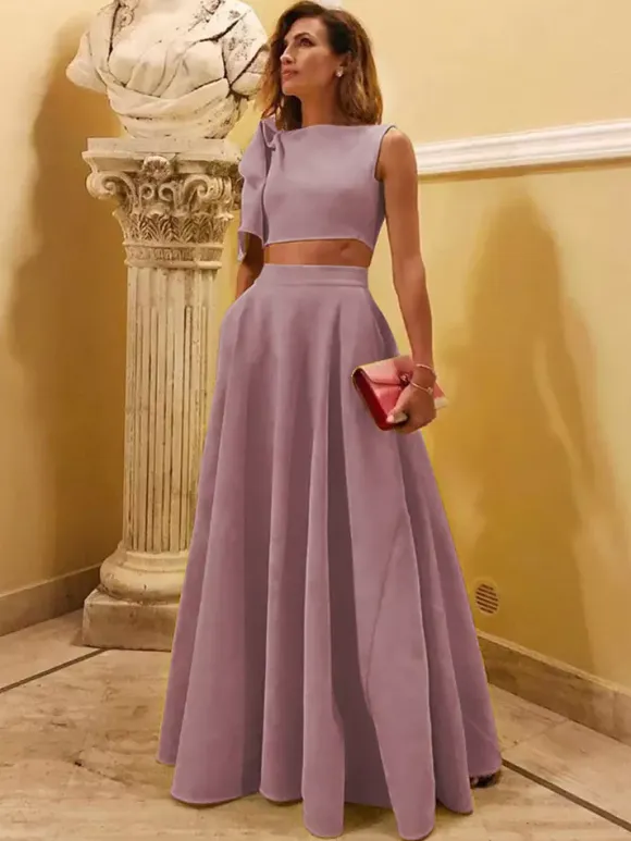 Evening Dress Ball Gown Designed Neckline Floor-Length Sleeveless Zipper Bows Stretch Crepe Formal Party Dresses