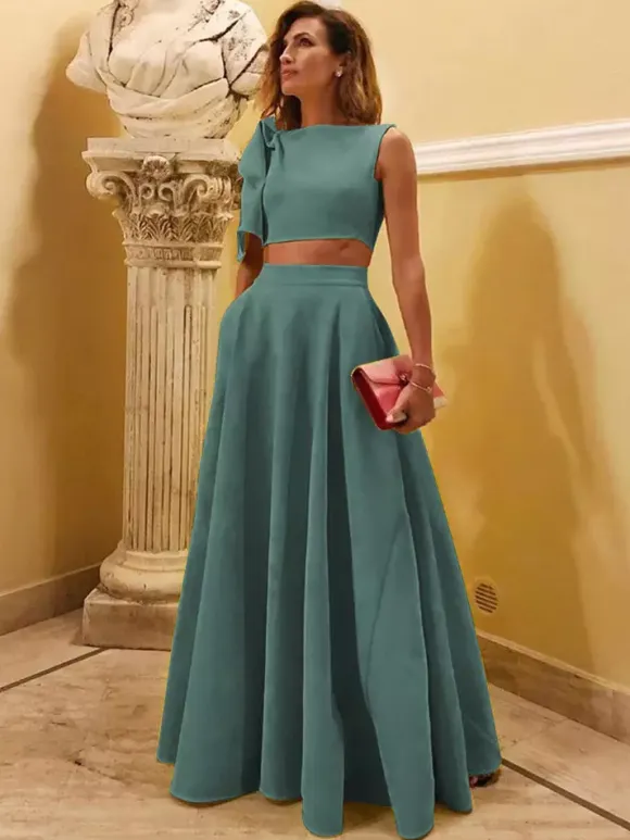 Evening Dress Ball Gown Designed Neckline Floor-Length Sleeveless Zipper Bows Stretch Crepe Formal Party Dresses