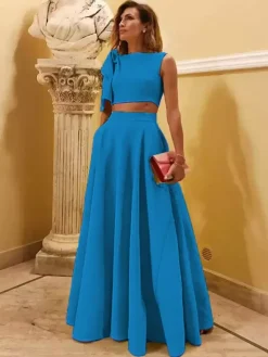Evening Dress Ball Gown Designed Neckline Floor-Length Sleeveless Zipper Bows Stretch Crepe Formal Party Dresses