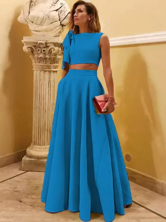 Evening Dress Ball Gown Designed Neckline Floor-Length Sleeveless Zipper Bows Stretch Crepe Formal Party Dresses