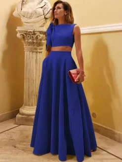 Evening Dress Ball Gown Designed Neckline Floor-Length Sleeveless Zipper Bows Stretch Crepe Formal Party Dresses