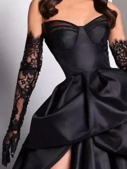 Evening Dress Ball Gown Strapless Satin Fabric With Train Pick Up Skirt Social Party Dresses