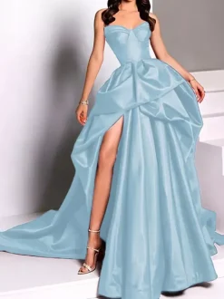 Evening Dress Ball Gown Strapless Satin Fabric With Train Pick Up Skirt Social Party Dresses