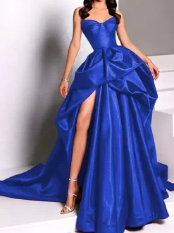 Evening Dress Ball Gown Strapless Satin Fabric With Train Pick Up Skirt Social Party Dresses