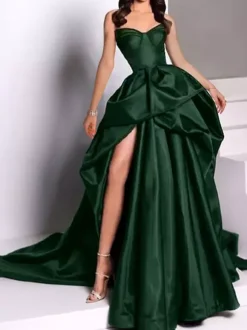 Evening Dress Ball Gown Strapless Satin Fabric With Train Pick Up Skirt Social Party Dresses