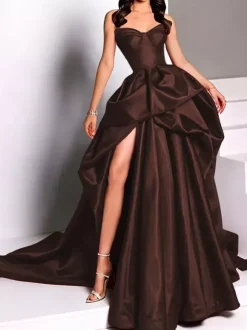 Evening Dress Ball Gown Strapless Satin Fabric With Train Pick Up Skirt Social Party Dresses