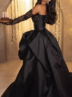 Evening Dress Ball Gown Strapless Satin Fabric With Train Pick Up Skirt Social Party Dresses