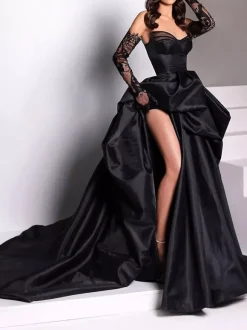 Evening Dress Ball Gown Strapless Satin Fabric With Train Pick Up Skirt Social Party Dresses