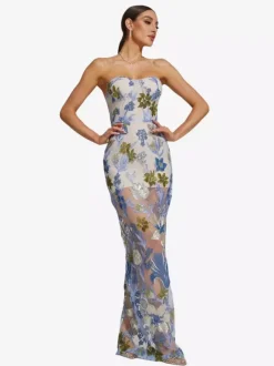 Evening Dress Ball Gown Strapless Floor-Length Sleeveless Zipper Sequins Lace Social Party Dresses