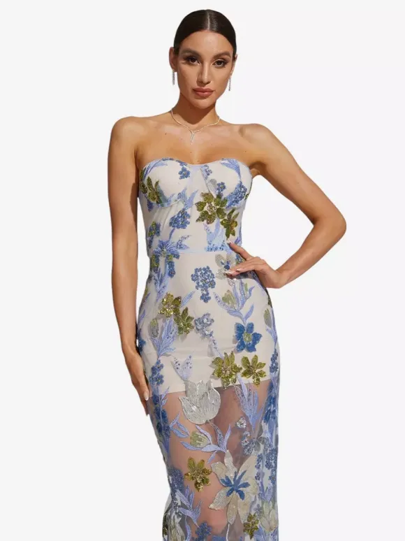 Evening Dress Ball Gown Strapless Floor-Length Sleeveless Zipper Sequins Lace Social Party Dresses