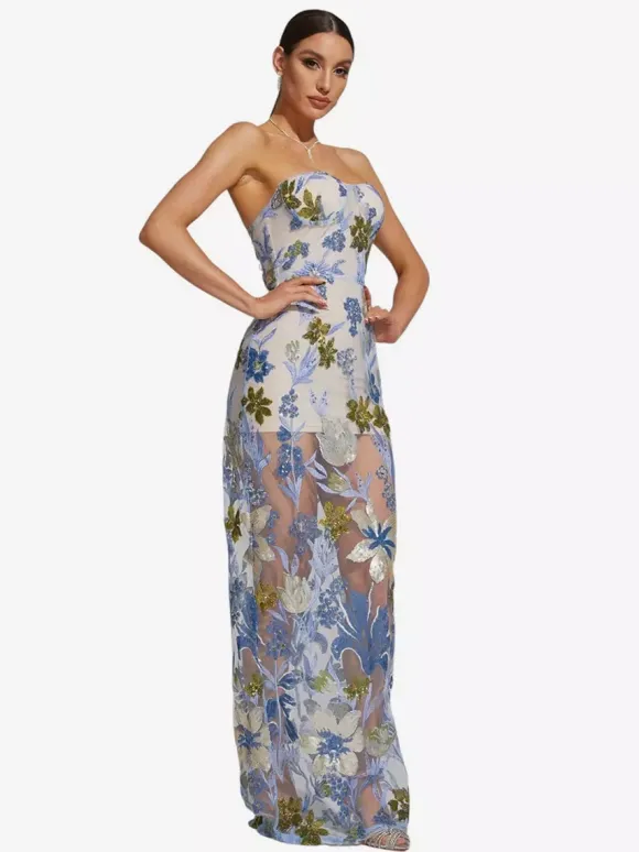 Evening Dress Ball Gown Strapless Floor-Length Sleeveless Zipper Sequins Lace Social Party Dresses