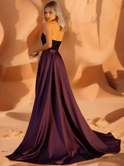 Evening Dress Ball Gown Strapless With Train Sleeveless Zipper Sequins Satin Fabric Formal Dinner Dresses