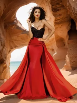 Evening Dress Ball Gown Strapless With Train Sleeveless Zipper Sequins Satin Fabric Formal Dinner Dresses