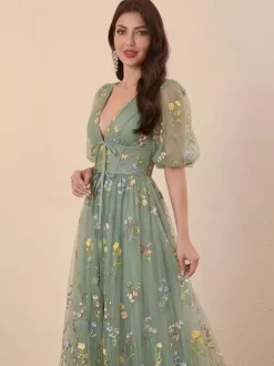 Evening Dress Ball Gown V-Neck Floor-Length Lace Formal Party Dresses