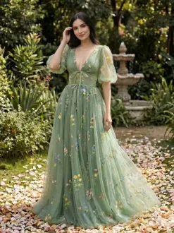 Evening Dress Ball Gown V-Neck Floor-Length Lace Formal Party Dresses
