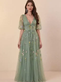 Evening Dress Ball Gown V-Neck Floor-Length Lace Formal Party Dresses