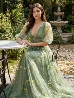 Evening Dress Ball Gown V-Neck Floor-Length Lace Formal Party Dresses