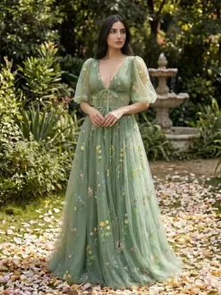 Evening Dress Ball Gown V-Neck Floor-Length Lace Formal Party Dresses