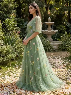 Evening Dress Ball Gown V-Neck Floor-Length Lace Formal Party Dresses