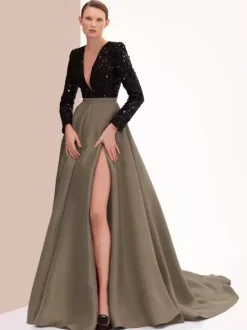 Evening Dress Ball Gown V-Neck With Train Long Sleeves Zipper Split Front Satin Fabric Formal Party Dresses