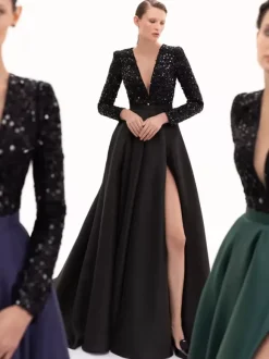 Evening Dress Ball Gown V-Neck With Train Long Sleeves Zipper Split Front Satin Fabric Formal Party Dresses